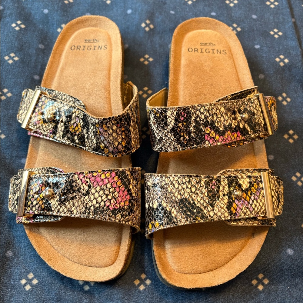 Earth Origins Orra Double Band Slide Sandals Sz 6 Multicolor Snake Print Leather